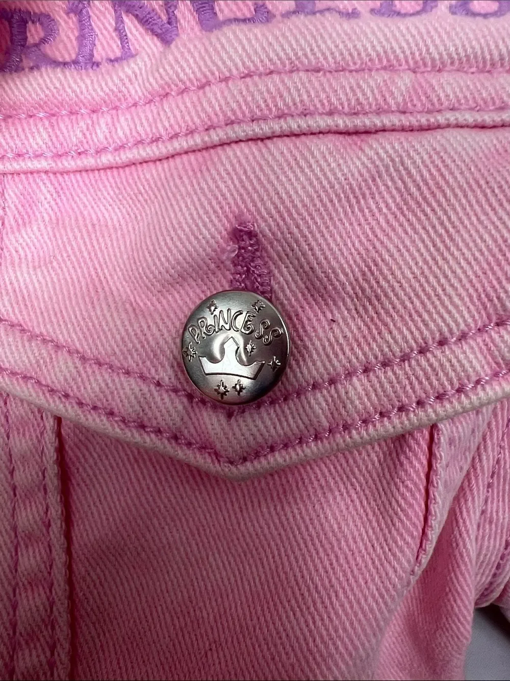 Disney Princess pink denim jacket with princess embroidery and graphic size 5